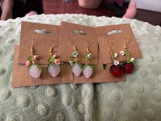 Pink Strawberry Earings with Pink Flowers