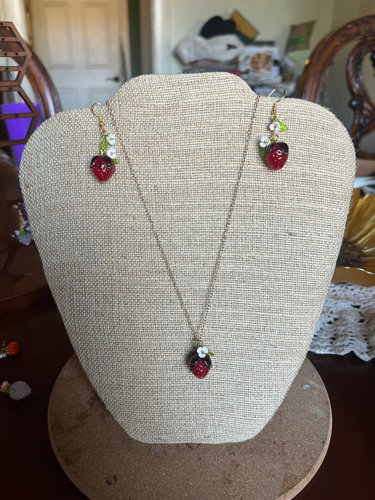 Jewel Red Strawberry Earrings and Necklace Set