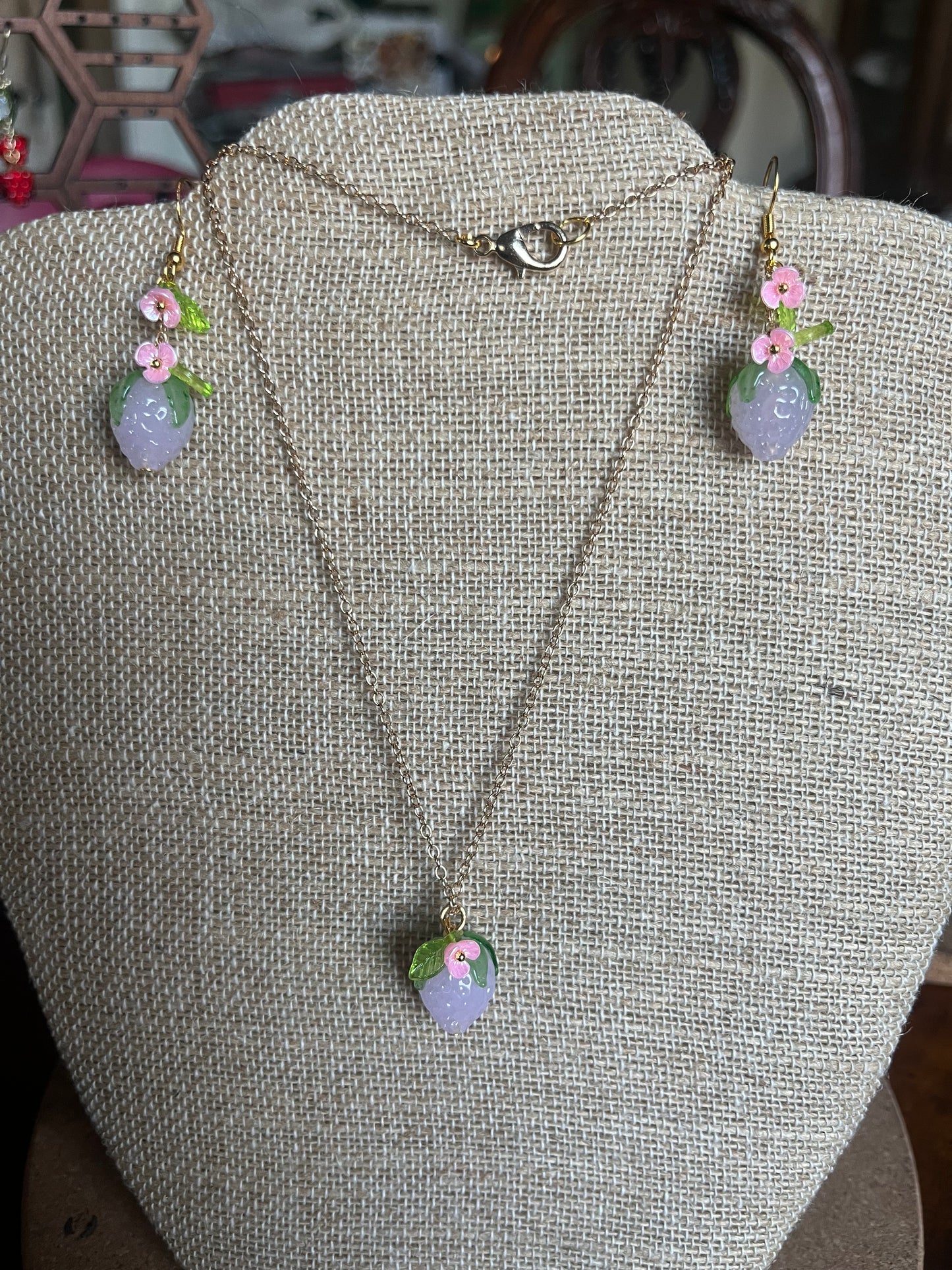 Pink Strawberry Earings with Pink Flowers