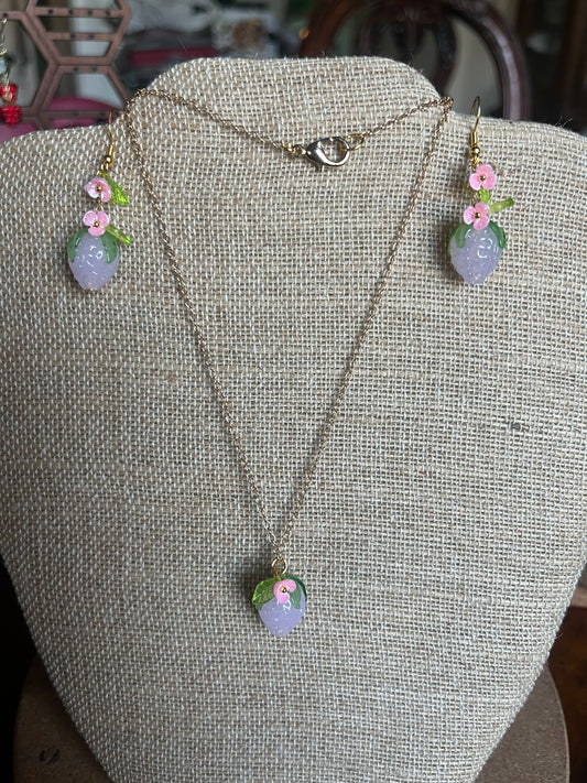 Pink Strawberry Earings and Necklace with Pink Flowers